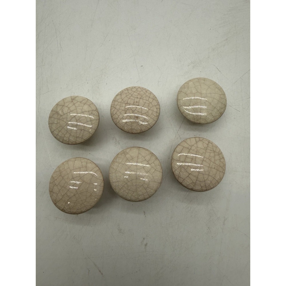 6 Vtg Porcelain Drawer Pull Cabinet Knobs Round Beige Crackle Ceramic No Screws